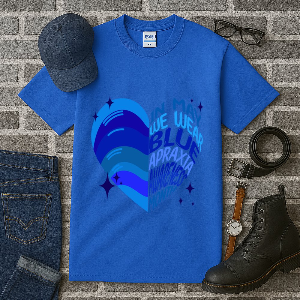 Apraxia Awareness Month In May We Wear Blue Ribbon Heart Funny Gift Tall T-Shirt