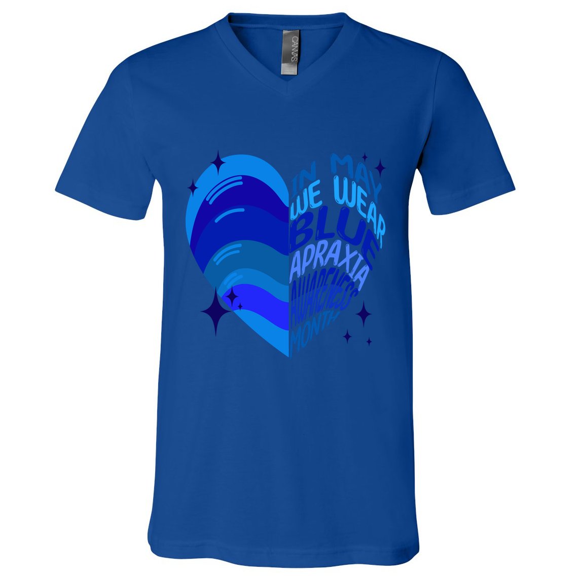Apraxia Awareness Month In May We Wear Blue Ribbon Heart Funny Gift V-Neck T-Shirt