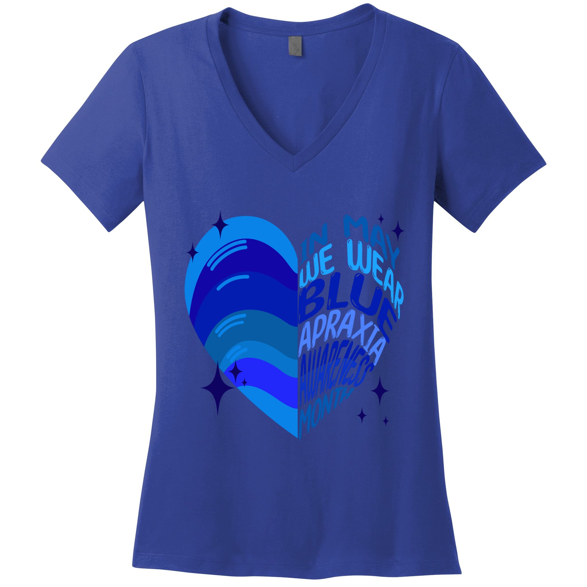 Apraxia Awareness Month In May We Wear Blue Ribbon Heart Funny Gift Women's V-Neck T-Shirt