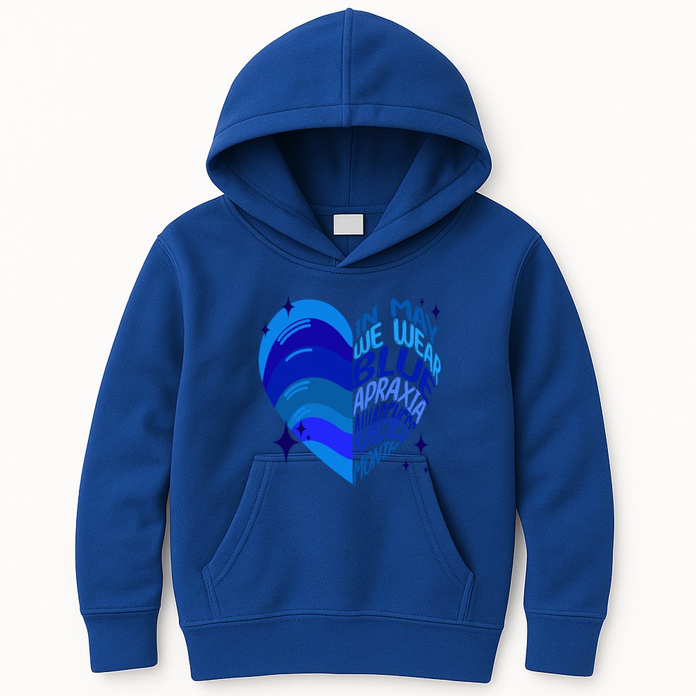 Apraxia Awareness Month In May We Wear Blue Ribbon Heart Funny Gift Kids Hoodie