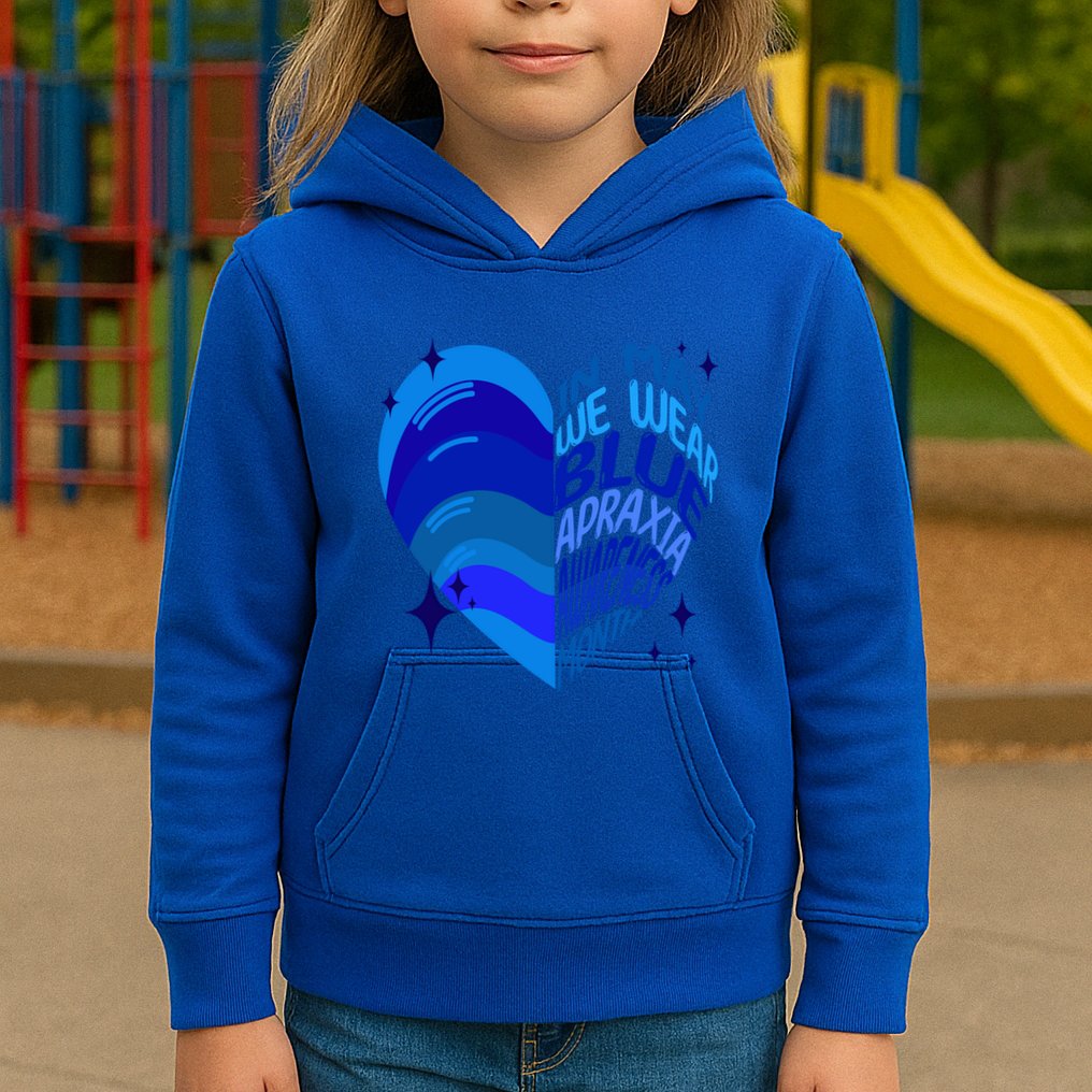Apraxia Awareness Month In May We Wear Blue Ribbon Heart Funny Gift Kids Hoodie