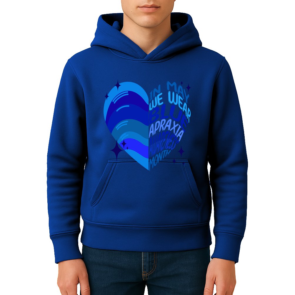 Apraxia Awareness Month In May We Wear Blue Ribbon Heart Funny Gift Kids Hoodie