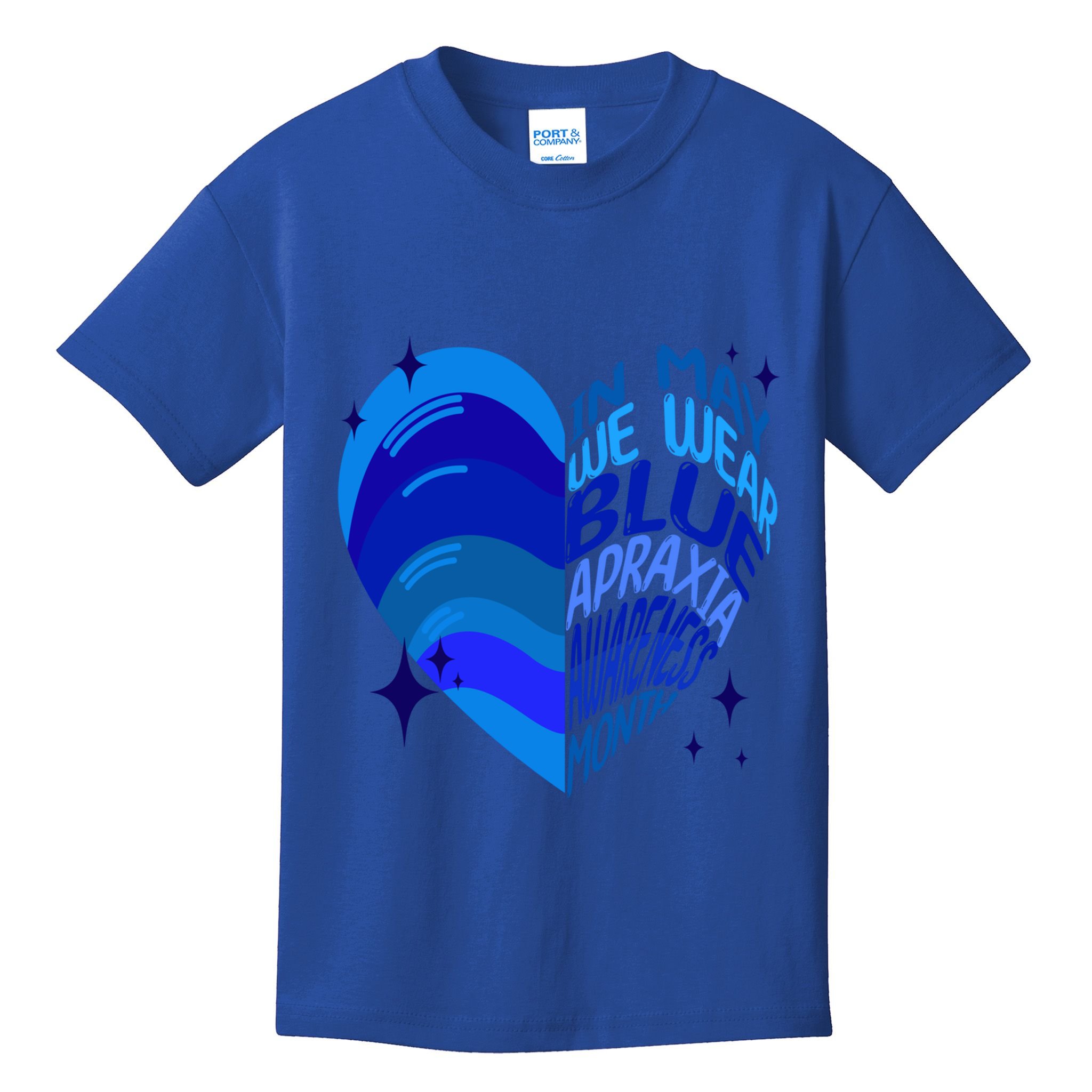 Apraxia Awareness Month In May We Wear Blue Ribbon Heart Funny Gift Kids T-Shirt