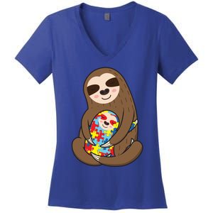 Autism Awareness Mama Sloth Mom Love Autistic Gift Women's V-Neck T-Shirt