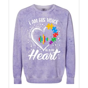 Autism Awareness Mom Meaningful Gift I Am His Voice He Is My Heart Gift Colorblast Crewneck Sweatshirt