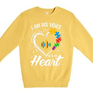 Autism Awareness Mom Meaningful Gift I Am His Voice He Is My Heart Gift Premium Crewneck Sweatshirt