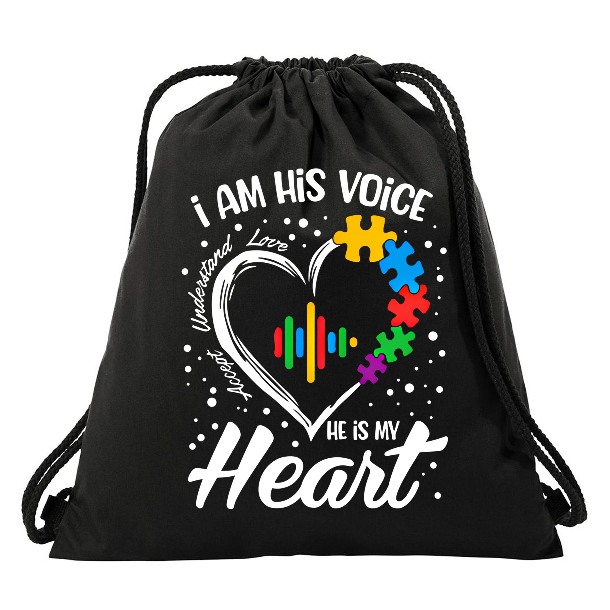 Autism Awareness Mom Meaningful Gift I Am His Voice He Is My Heart Gift Drawstring Bag