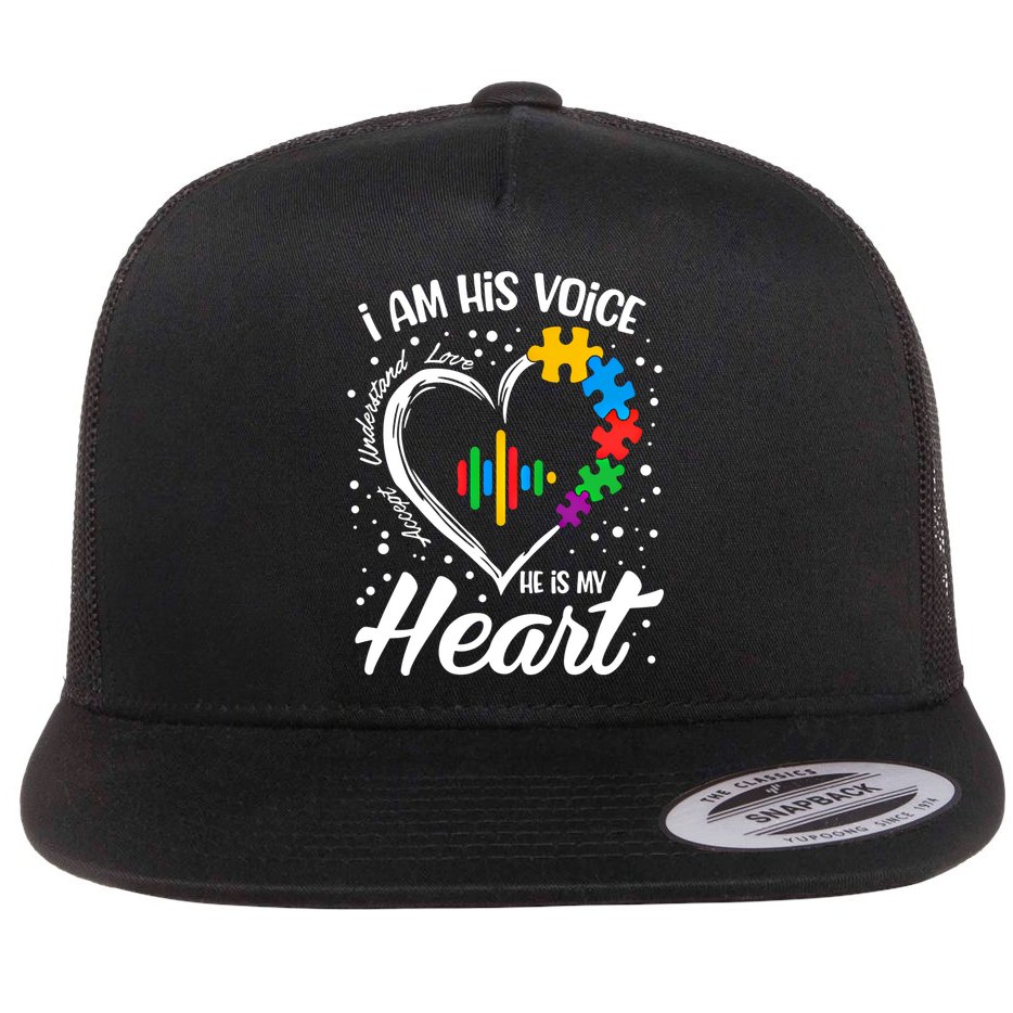 Autism Awareness Mom Meaningful Gift I Am His Voice He Is My Heart Gift Flat Bill Trucker Hat