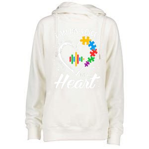 Autism Awareness Mom Meaningful Gift I Am His Voice He Is My Heart Gift Womens Funnel Neck Pullover Hood