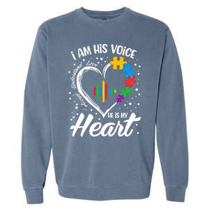 Autism Awareness Mom Meaningful Gift I Am His Voice He Is My Heart Gift Garment-Dyed Sweatshirt