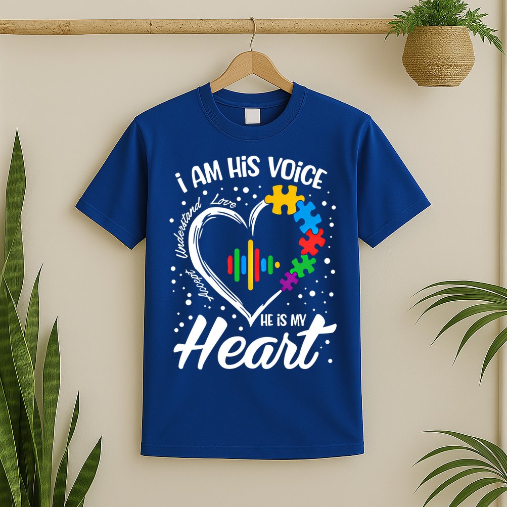 Autism Awareness Mom Meaningful Gift I Am His Voice He Is My Heart Gift T-Shirt