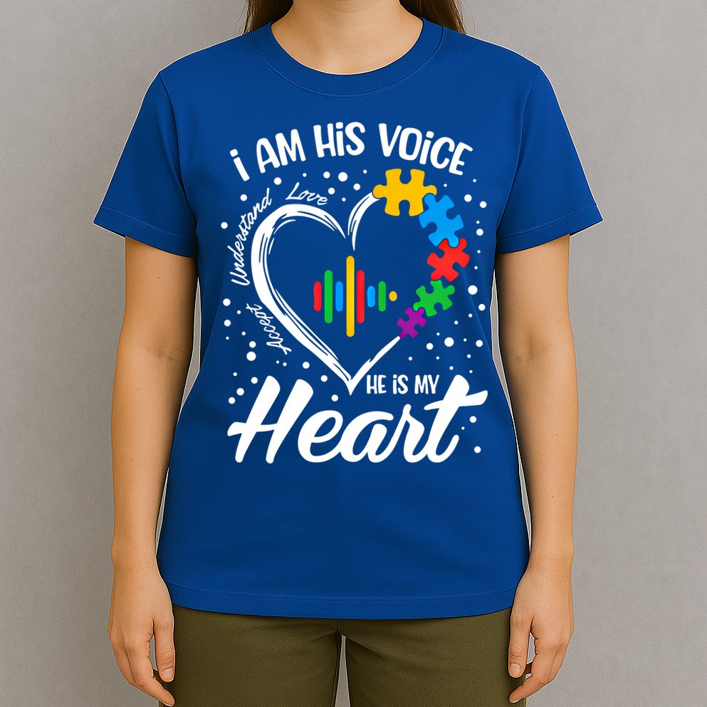 Autism Awareness Mom Meaningful Gift I Am His Voice He Is My Heart Gift T-Shirt