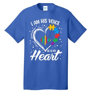 Autism Awareness Mom Meaningful Gift I Am His Voice He Is My Heart Gift Tall T-Shirt