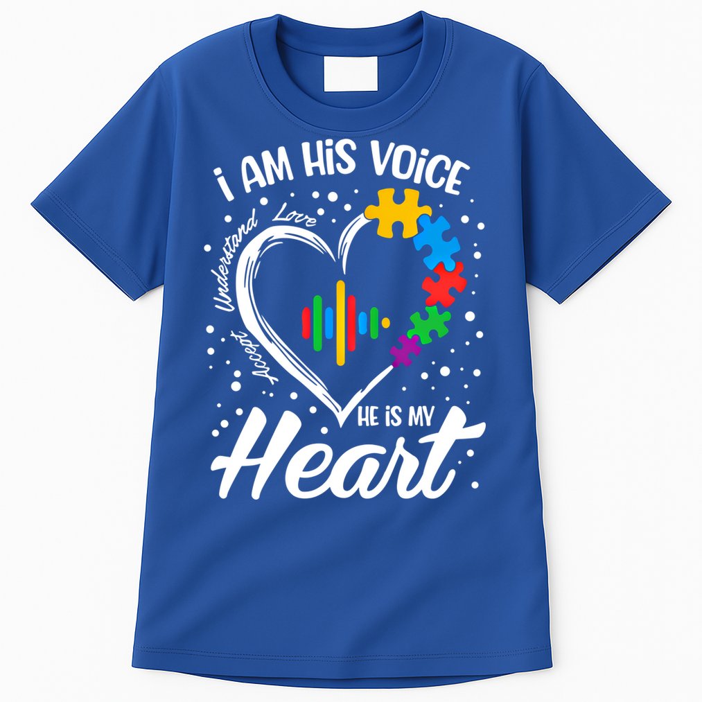 Autism Awareness Mom Meaningful Gift I Am His Voice He Is My Heart Gift Tall T-Shirt