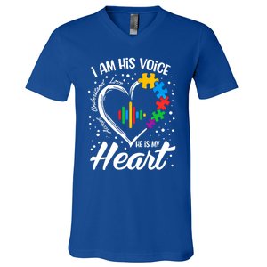 Autism Awareness Mom Meaningful Gift I Am His Voice He Is My Heart Gift V-Neck T-Shirt