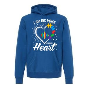 Autism Awareness Mom Meaningful Gift I Am His Voice He Is My Heart Gift Premium Hoodie