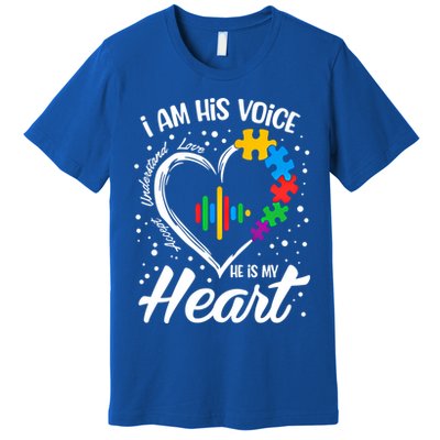 Autism Awareness Mom Meaningful Gift I Am His Voice He Is My Heart Gift Premium T-Shirt
