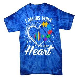 Autism Awareness Mom Meaningful Gift I Am His Voice He Is My Heart Gift Tie-Dye T-Shirt