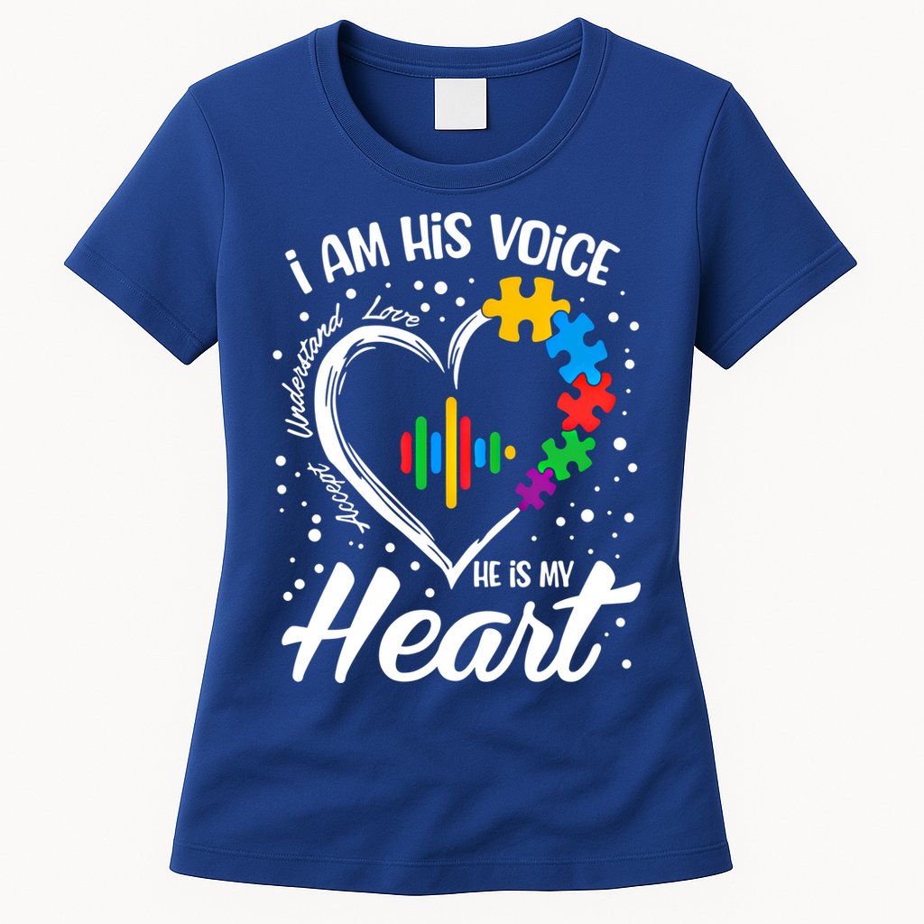 Autism Awareness Mom Meaningful Gift I Am His Voice He Is My Heart Gift Womens T-Shirt