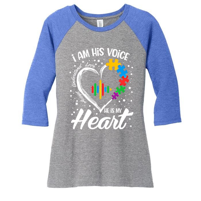 Autism Awareness Mom Meaningful Gift I Am His Voice He Is My Heart Gift Women's Tri-Blend 3/4-Sleeve Raglan Shirt