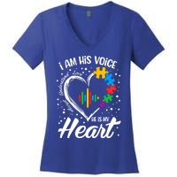 Autism Awareness Mom Meaningful Gift I Am His Voice He Is My Heart Gift Women's V-Neck T-Shirt