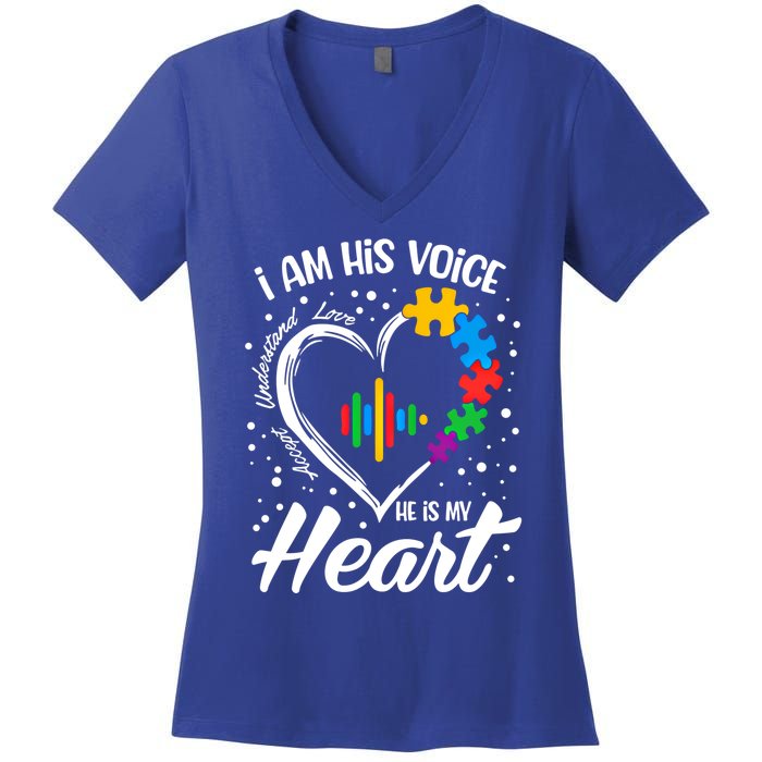 Autism Awareness Mom Meaningful Gift I Am His Voice He Is My Heart Gift Women's V-Neck T-Shirt