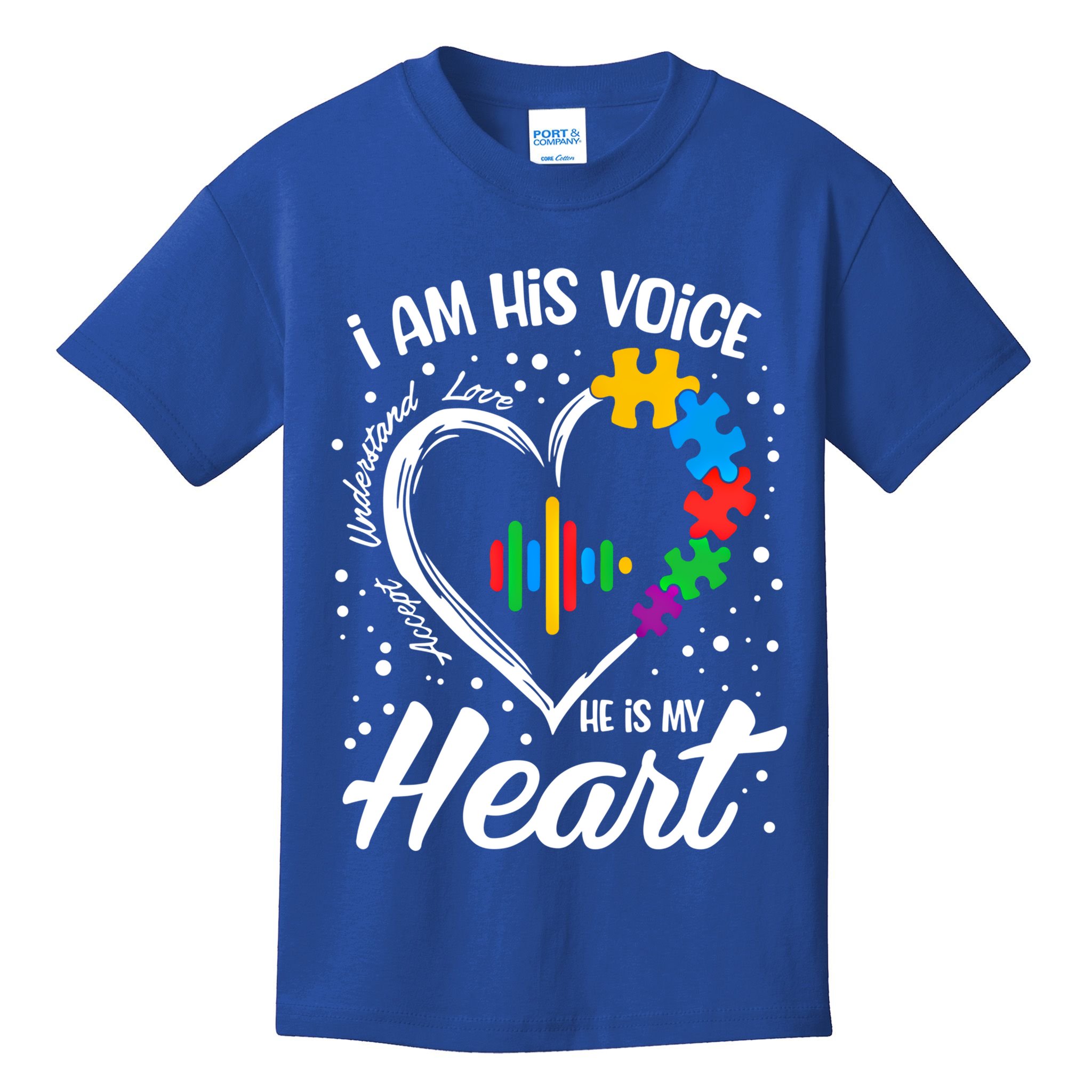 Autism Awareness Mom Meaningful Gift I Am His Voice He Is My Heart Gift Kids T-Shirt