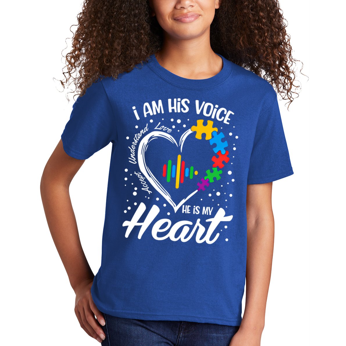 Autism Awareness Mom Meaningful Gift I Am His Voice He Is My Heart Gift Kids T-Shirt