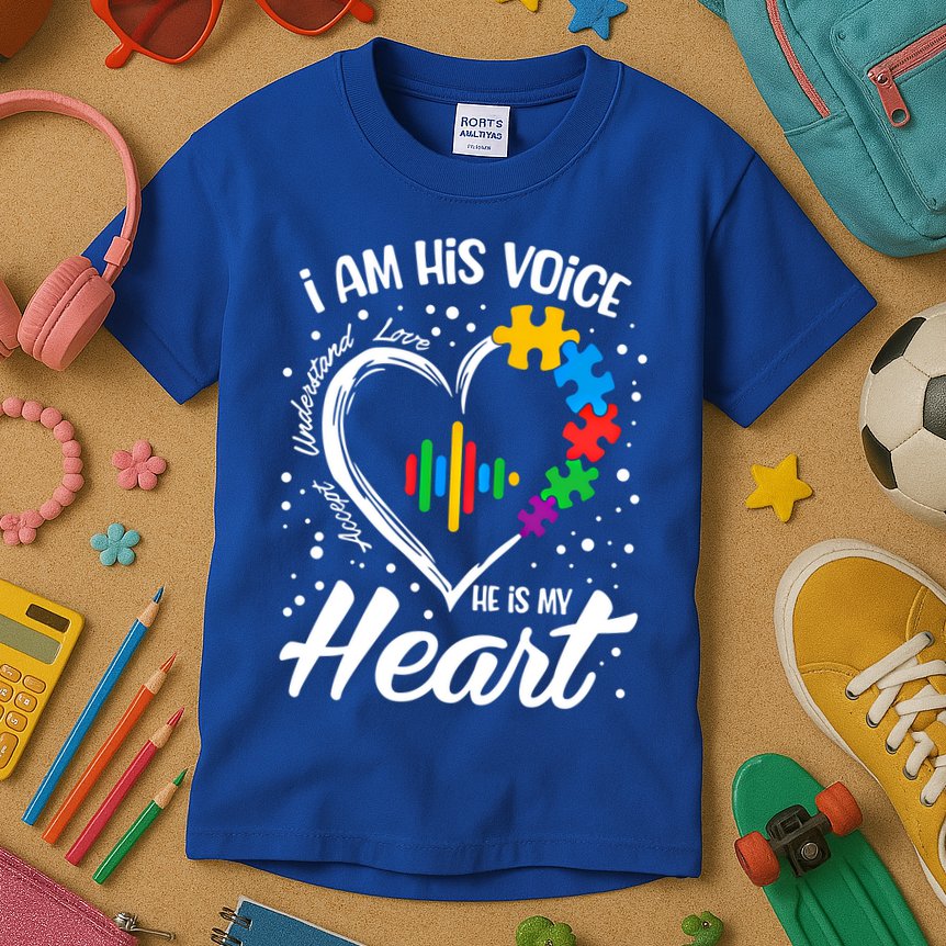 Autism Awareness Mom Meaningful Gift I Am His Voice He Is My Heart Gift Kids T-Shirt
