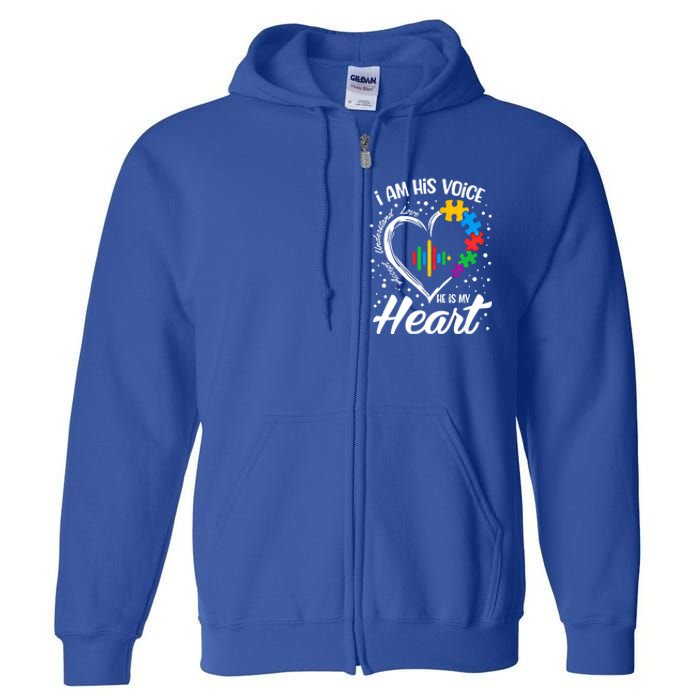 Autism Awareness Mom Meaningful Gift I Am His Voice He Is My Heart Gift Full Zip Hoodie