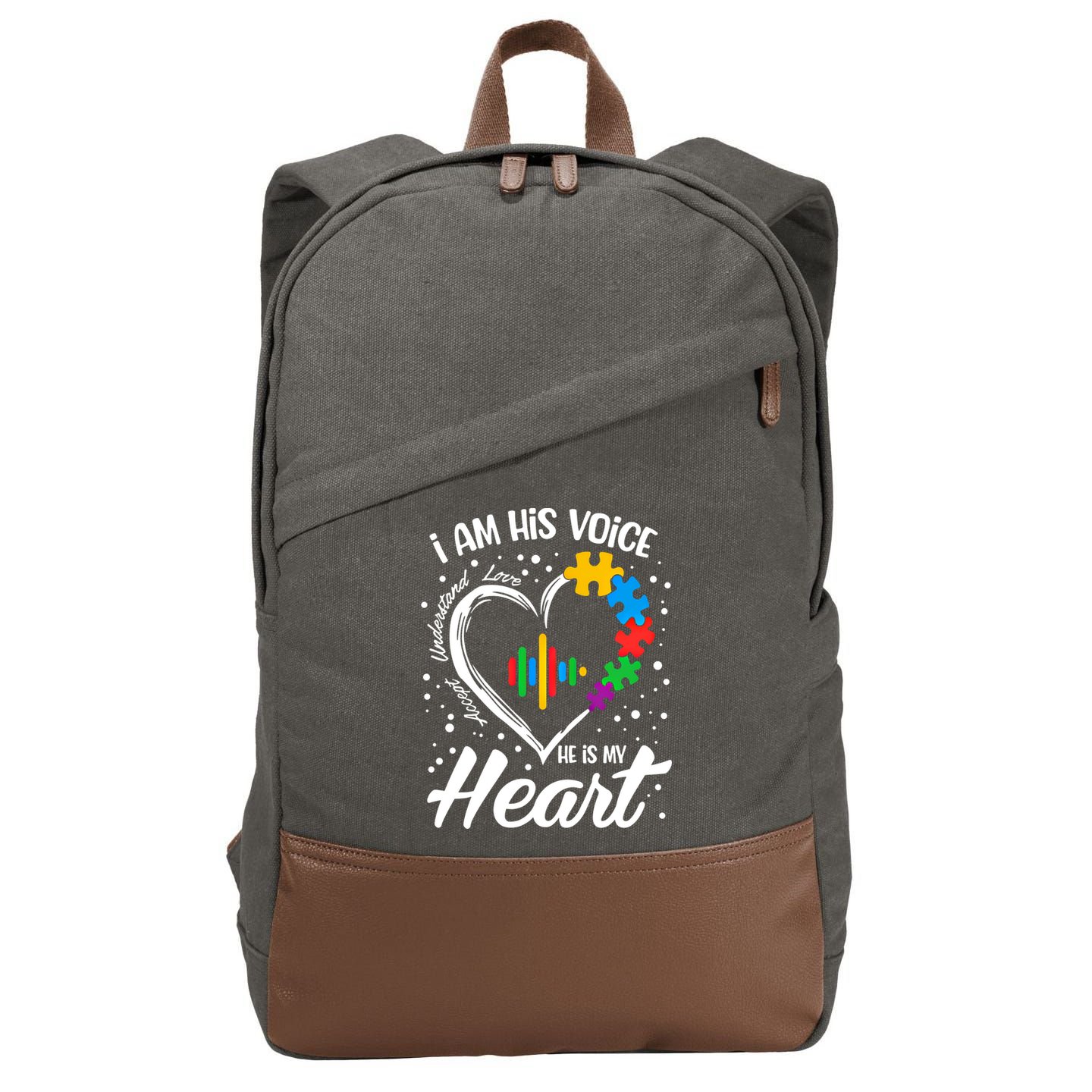 Autism Awareness Mom Meaningful Gift I Am His Voice He Is My Heart Gift Cotton Canvas Backpack