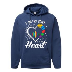 Autism Awareness Mom Meaningful Gift I Am His Voice He Is My Heart Gift Performance Fleece Hoodie