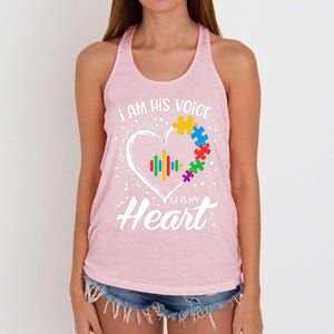 Autism Awareness Mom Meaningful Gift I Am His Voice He Is My Heart Gift Women's Knotted Racerback Tank