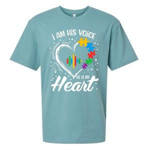 Autism Awareness Mom Meaningful Gift I Am His Voice He Is My Heart Gift Sueded Cloud Jersey T-Shirt