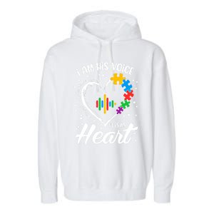 Autism Awareness Mom Meaningful Gift I Am His Voice He Is My Heart Gift Garment-Dyed Fleece Hoodie