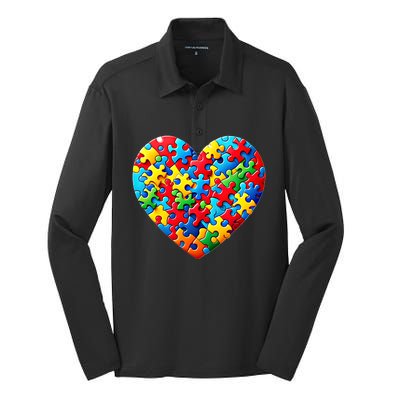 Autism Awareness Month Heart Shaped Puzzle Pieces Gift Silk Touch Performance Long Sleeve Polo