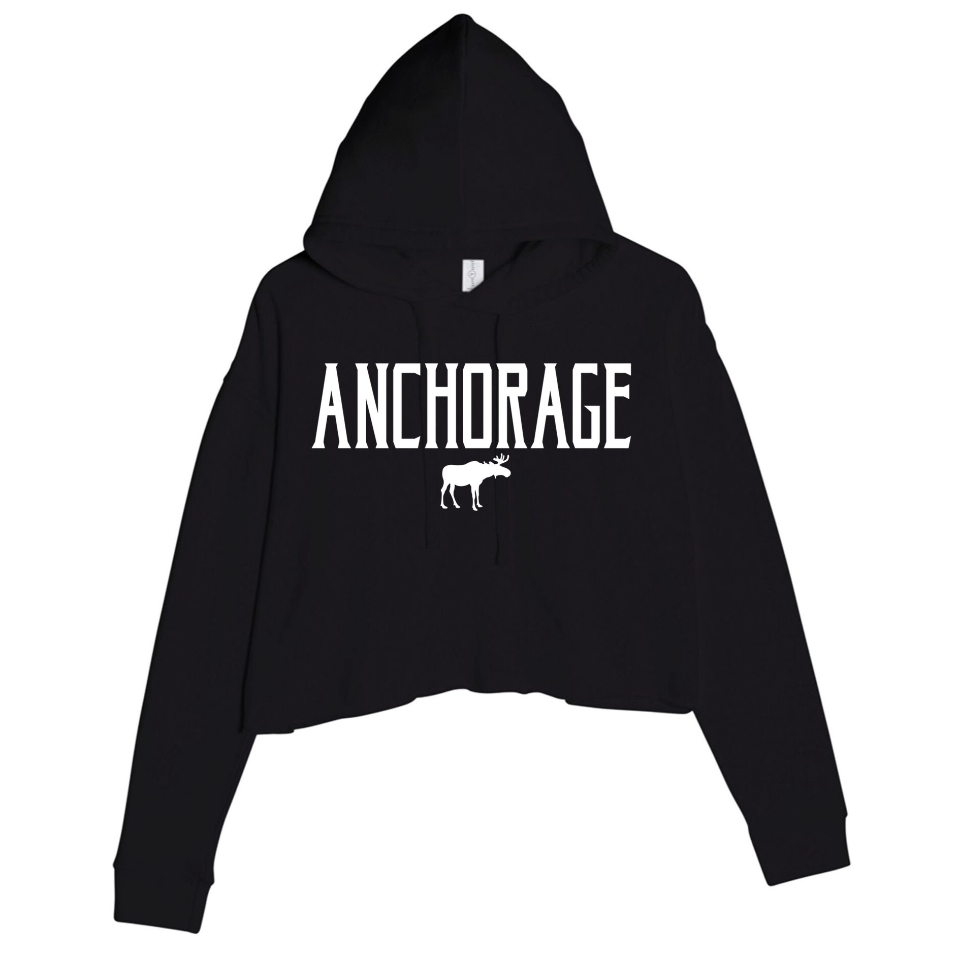 Anchorage Alaska Moose Vintage Text White Print Gift Crop Fleece Hoodie