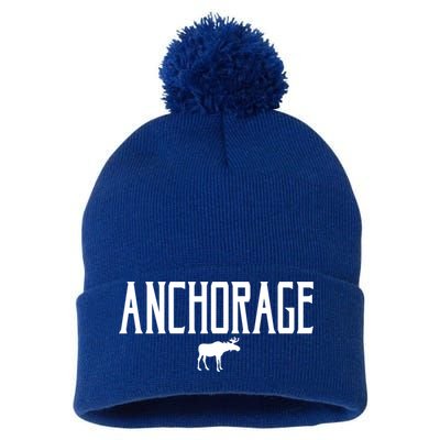 Anchorage Alaska Moose Vintage Text White Print Gift Pom Pom 12in Knit Beanie