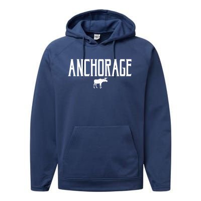 Anchorage Alaska Moose Vintage Text White Print Gift Performance Fleece Hoodie