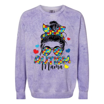 Autism Awareness Messy Bun Puzzle Piece Autism Mama Life Gift Colorblast Crewneck Sweatshirt