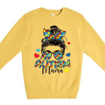 Autism Awareness Messy Bun Puzzle Piece Autism Mama Life Gift Premium Crewneck Sweatshirt