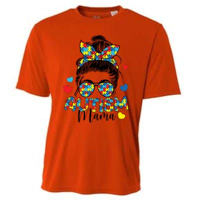 Autism Awareness Messy Bun Puzzle Piece Autism Mama Life Gift Cooling Performance Crew T-Shirt