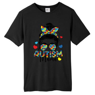 Autism Awareness Messy Bun Puzzle Piece Autism Mama Life Gift Tall Fusion ChromaSoft Performance T-Shirt