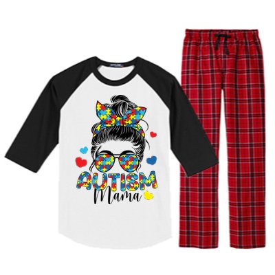 Autism Awareness Messy Bun Puzzle Piece Autism Mama Life Gift Raglan Sleeve Pajama Set