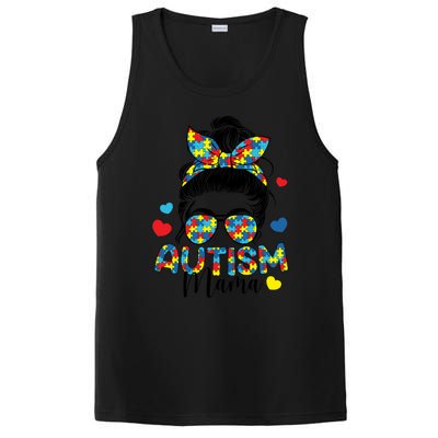 Autism Awareness Messy Bun Puzzle Piece Autism Mama Life Gift PosiCharge Competitor Tank