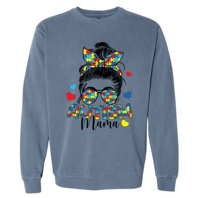 Autism Awareness Messy Bun Puzzle Piece Autism Mama Life Gift Garment-Dyed Sweatshirt