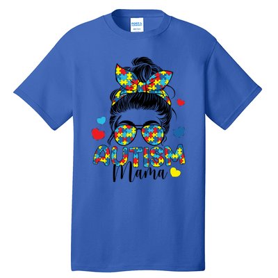 Autism Awareness Messy Bun Puzzle Piece Autism Mama Life Gift Tall T-Shirt