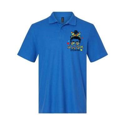 Autism Awareness Messy Bun Puzzle Piece Autism Mama Life Gift Softstyle Adult Sport Polo