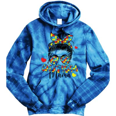 Autism Awareness Messy Bun Puzzle Piece Autism Mama Life Gift Tie Dye Hoodie