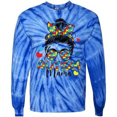 Autism Awareness Messy Bun Puzzle Piece Autism Mama Life Gift Tie-Dye Long Sleeve Shirt